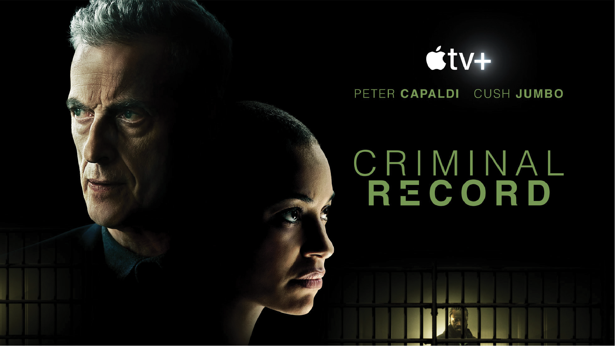 Close-up of a man's face with gray hair and a young woman's face with dark hair, both looking to the side, with text indicating 'Criminal Record' and names 'Peter Capaldi' and 'Cush Jumbo'. Apple TV+ logo is in the top right corner.