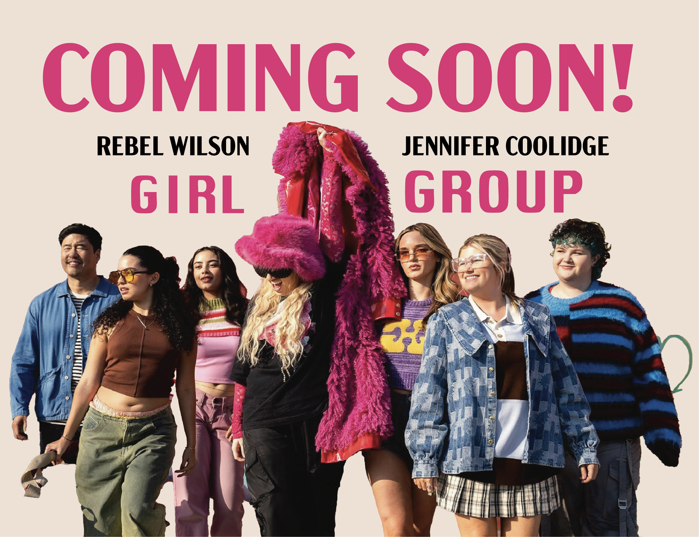 A diverse group of young people walking together outdoors, some wearing colorful and casual clothing, with a person in a vibrant pink furry coat and headpiece.