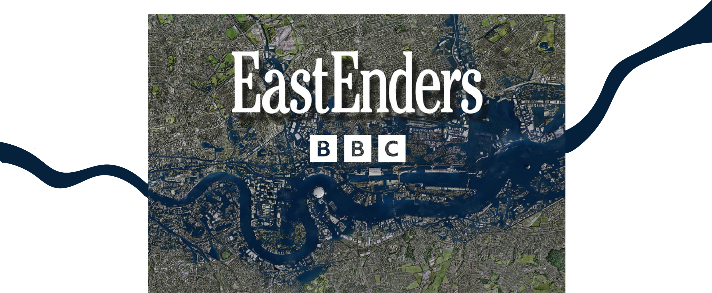 Map of London with overlay text 'EastEnders' and BBC logo.