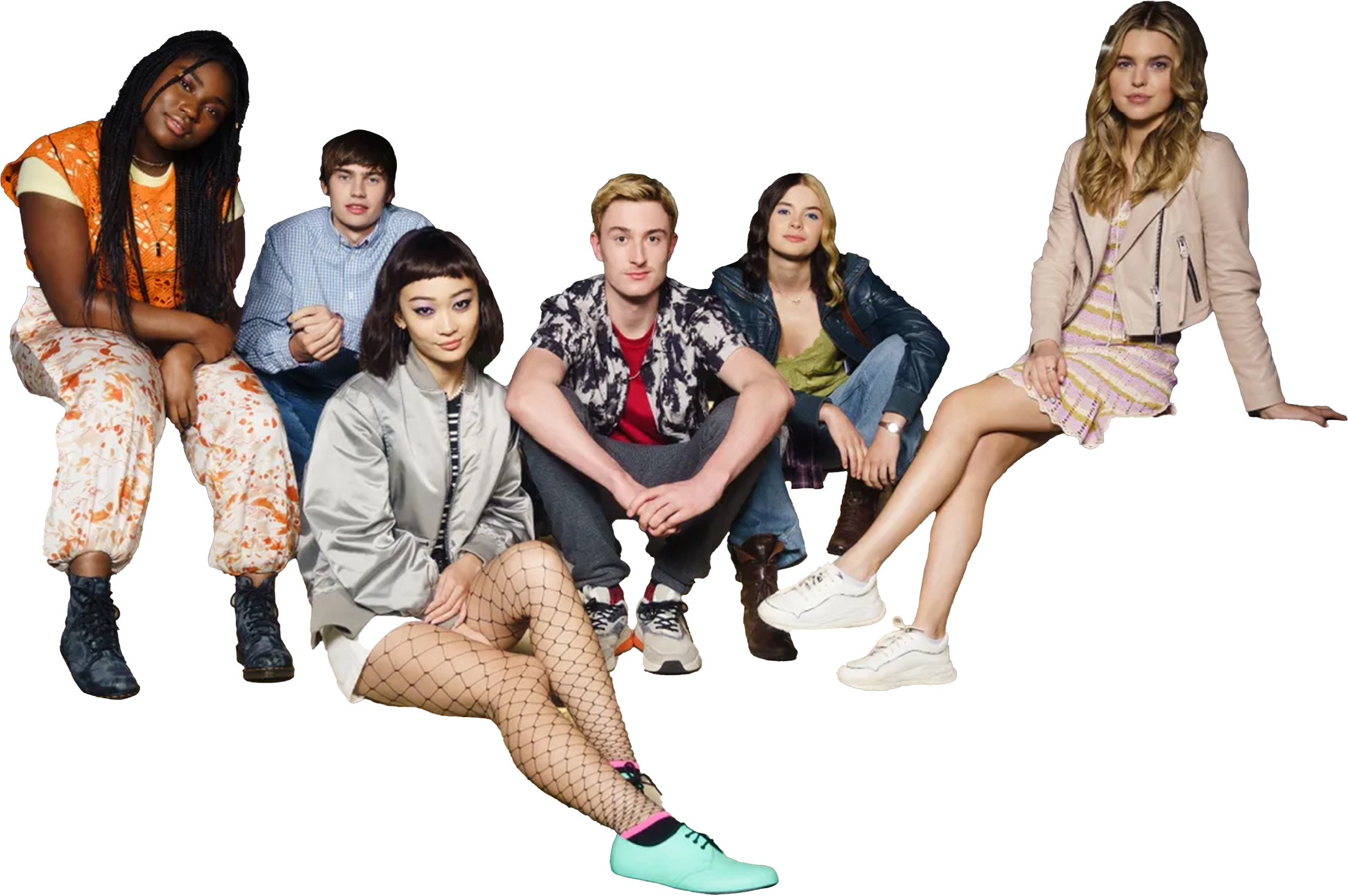 A group of seven young people posing together, sitting on the ground and leaning against a surface, dressed in casual and trendy clothing, with a mix of expressions and hairstyles.