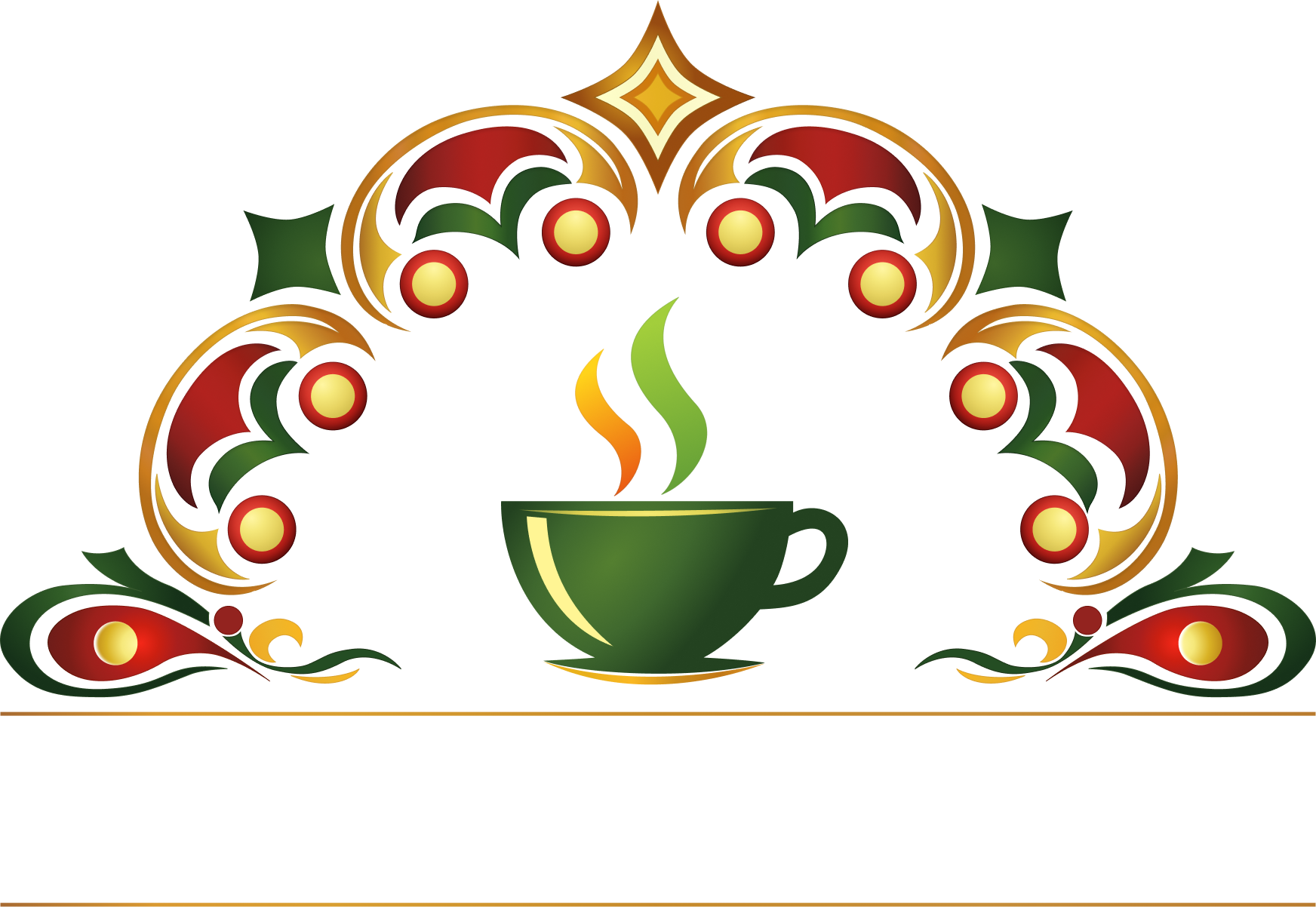 Logo for Mandhras featuring a steaming green coffee cup centred under an ornate, arched decorative motif in red, gold, and green. Below the icon, the word 'MANDHRAS' is written in a bold, white serif font between two horizontal gold lines.