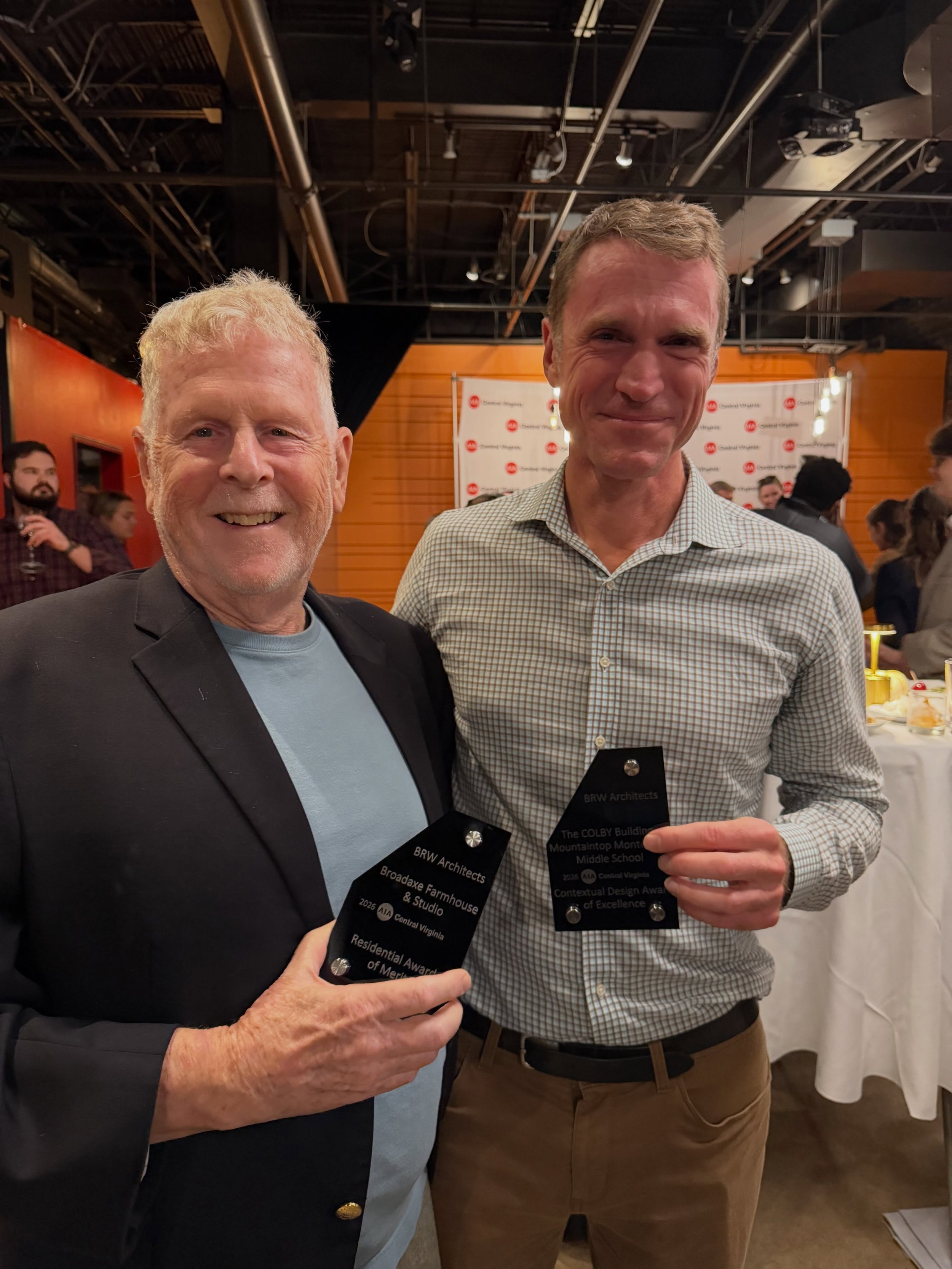 Last night we celebrated two awards from @aia_centralvirginia 🎉
🏆Contextual Design Award of Excellence for The Colby Building @mountaintopcville, accepted by David Timmerman, AIA
🏆Residential Design Award of Merit for Broadaxe Farmhouse and Studio