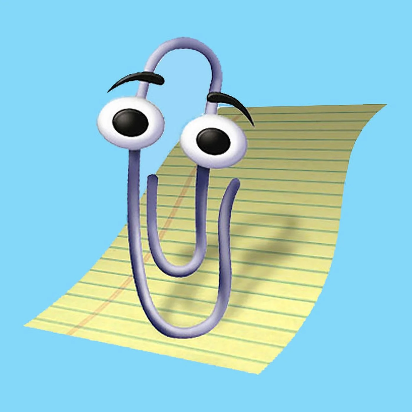 Animated paperclip character with large cartoon eyes and raised eyebrows, standing on yellow lined paper against a blue background.