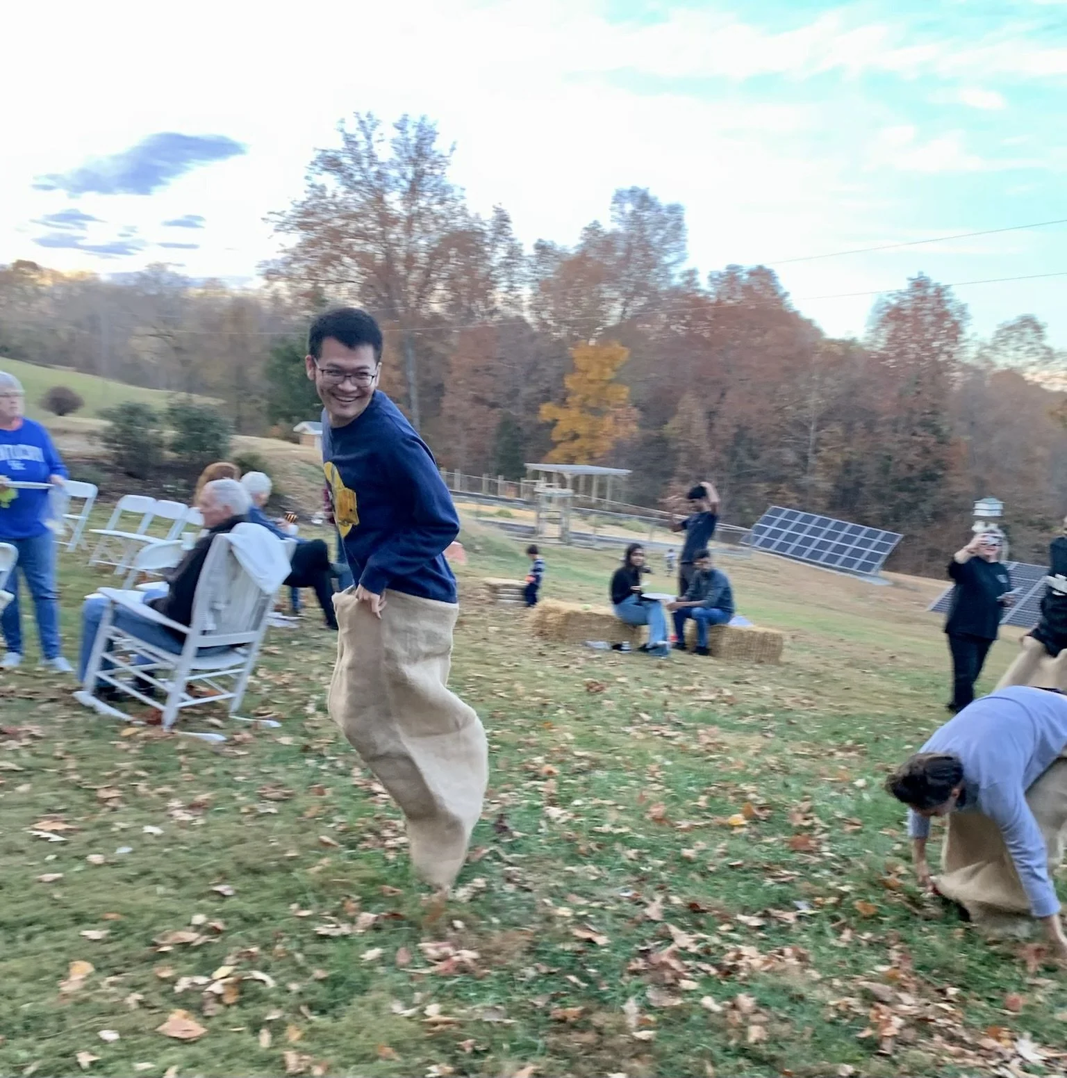  Man playing sack race outside at a festival 