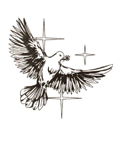 Sketch of two birds with outstretched wings, surrounded by four star-like symbols.