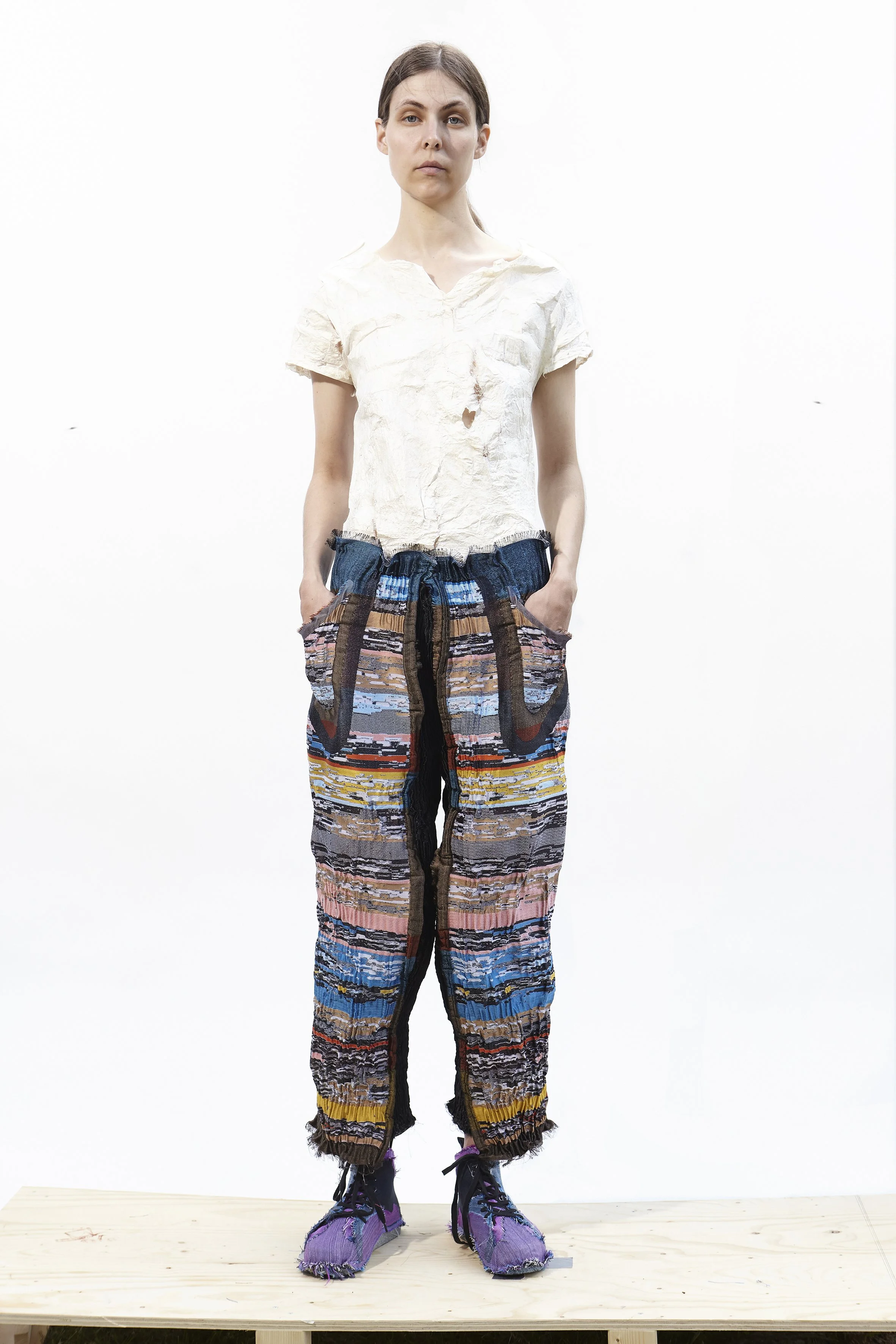 Zero Waste Weavers - Sediment Trouser. Textile-form Woven 100% recyclable polyester with heat reactive yarn for adaptive fit