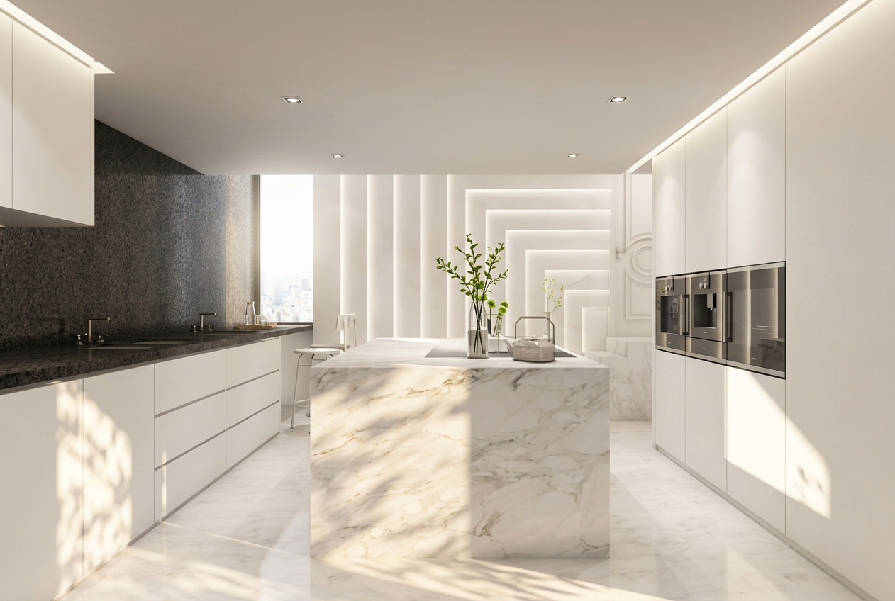 Modern kitchen with white cabinets, black countertops, marble island with green plants, and geometric wall design with backlighting.