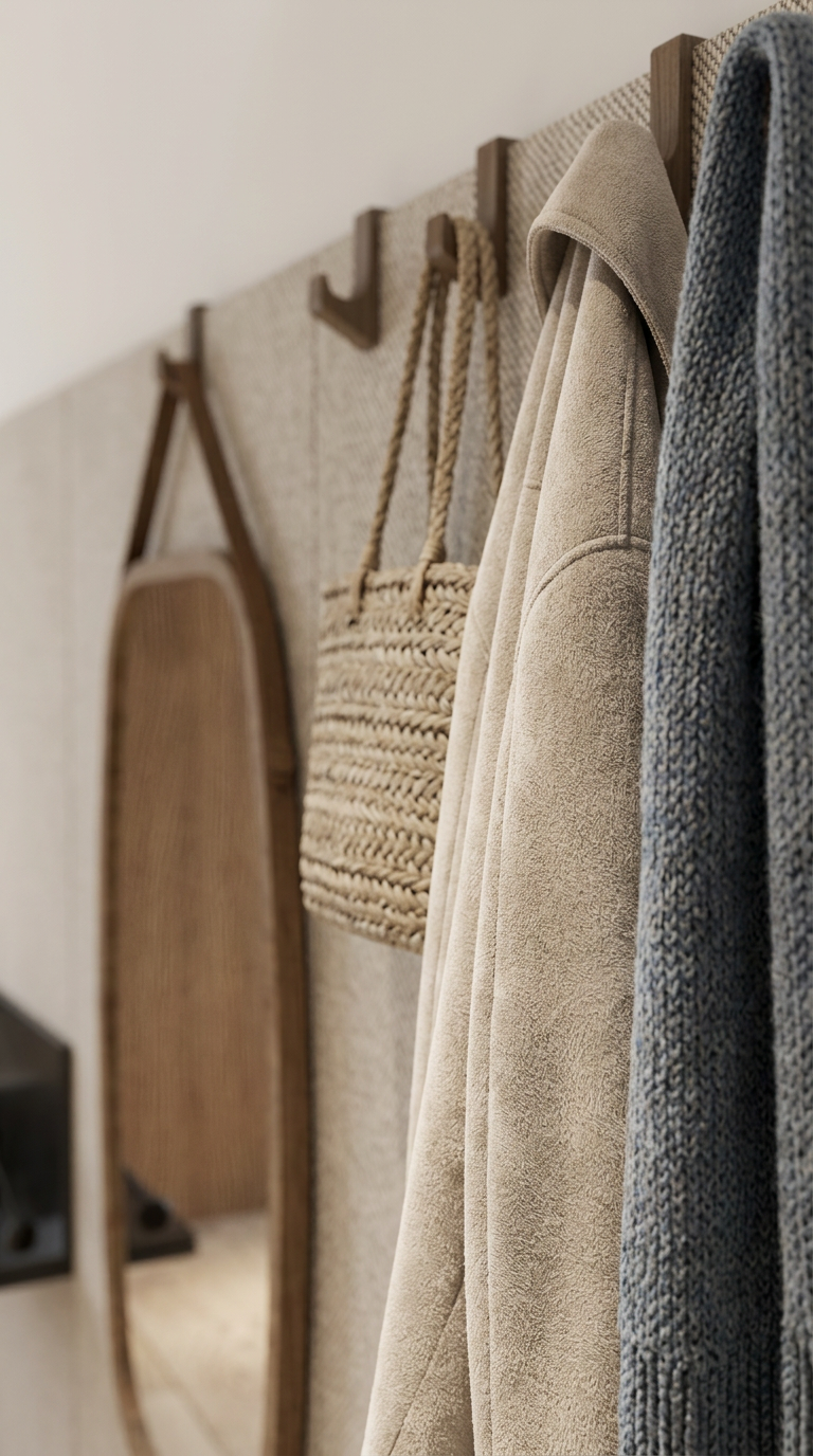 Close-up of a wall with hooks holding a woven bag, a beige hoodie, a blue knitted scarf, and a wicker mirror.
