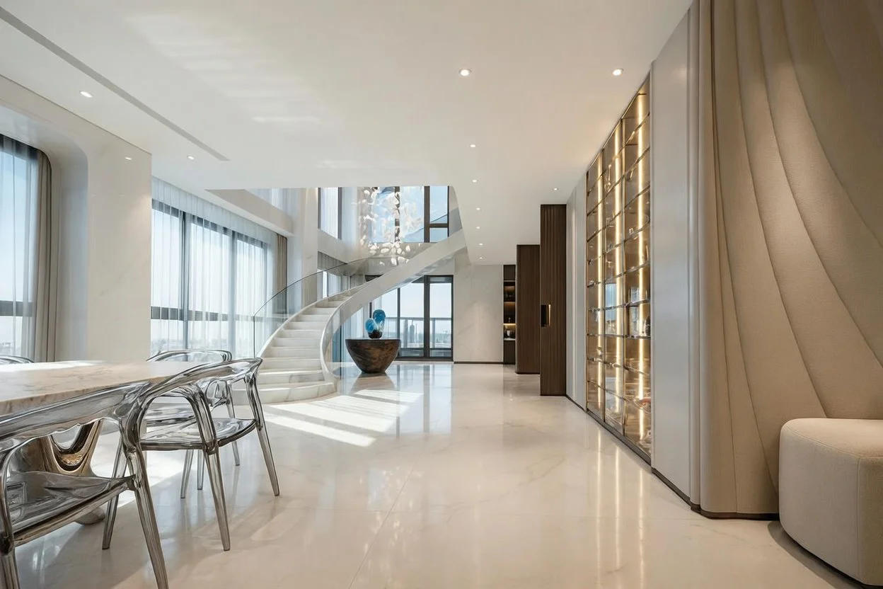 Modern living space with marble flooring, a curved staircase, large windows with sheer curtains, a dining table with transparent chairs, and decorative wall panels.