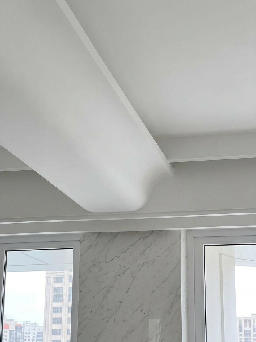 Close-up of a white ceiling with decorative molding and a large window showing a cityscape with tall buildings.