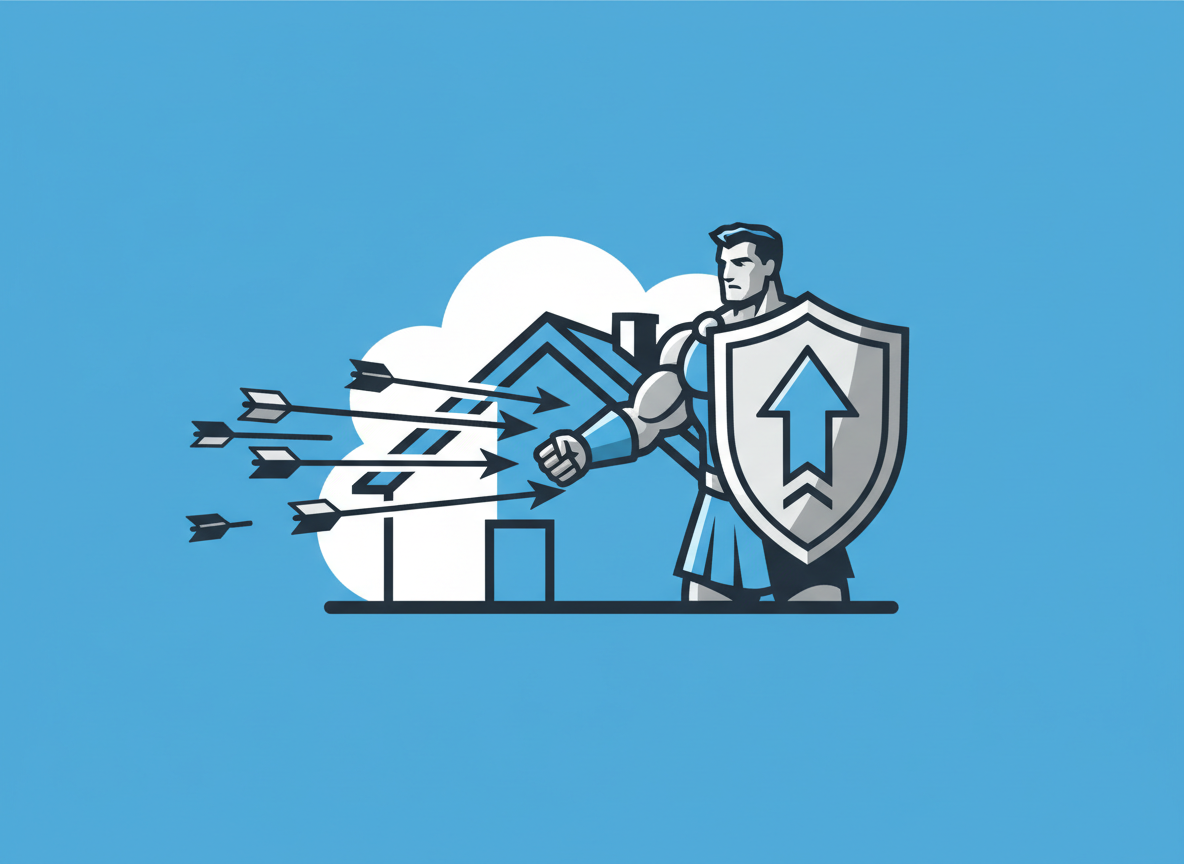 A superhero with a shield, protecting a house and yard from arrows, symbolizing defense and security.