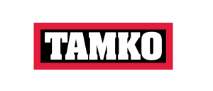 Tamko logo with white text on a black background and red border