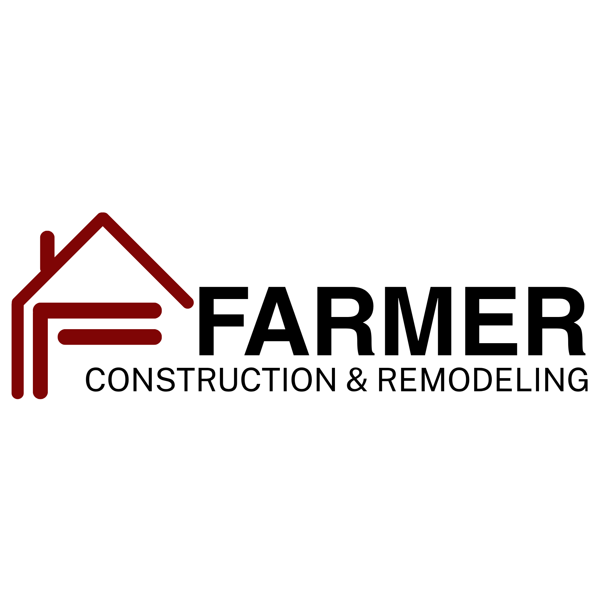 A black and red logo with a stylized house outline. The house has a sloped roof and a chimney. Next to the house, the text reads 'Farmer Construction and Remodeling' in black letters.