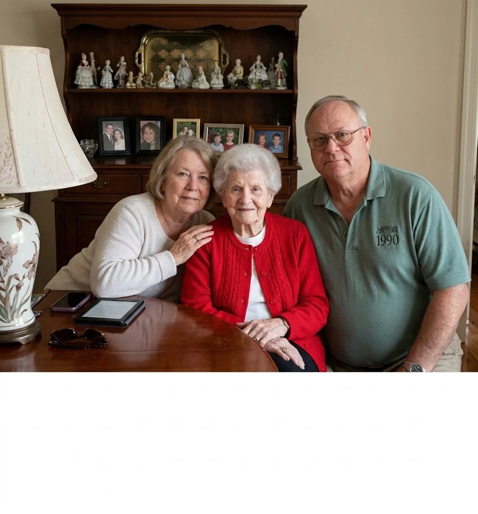 An elderly woman in a red sweater sitting with a supportive adult couple during a functional status and decision-making capacity assessment.