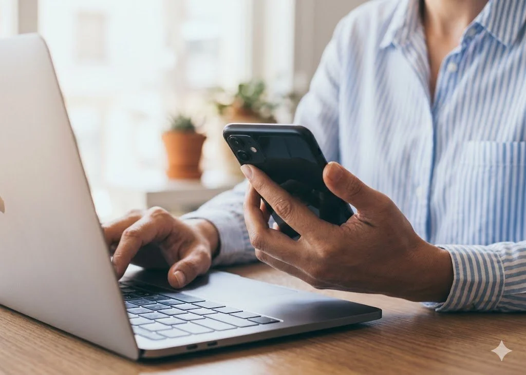 Close-up of a person's hands using a laptop trackpad while holding a black smartphone, with potted indoor plants softly blurred in the background, representing a client reaching out for a geriatric care consultation.