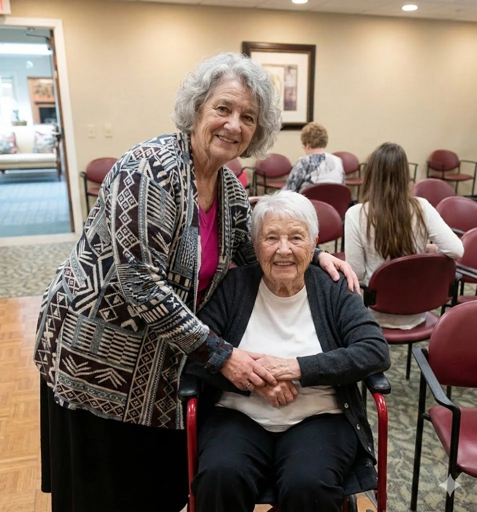 An elderly woman smiling warmly as a caregiver or specialist stands supportively beside her during a forensic geriatrics capacity assessment.