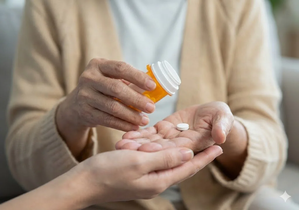A senior patient and a helpful caregiver managing prescription pills together, representing Dr. Haber's geriatric advocacy and medication management services.