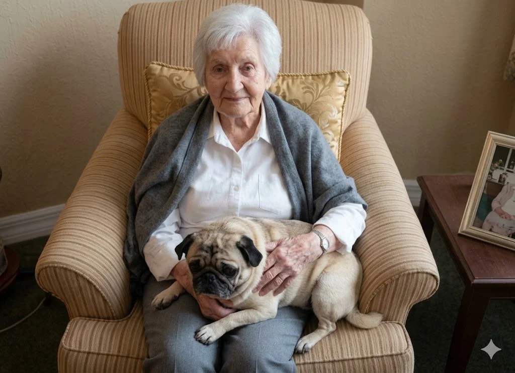 An elderly woman smiling while holding her pet pug in an armchair, representing pet therapy and comfort in Alzheimer's disease care.
