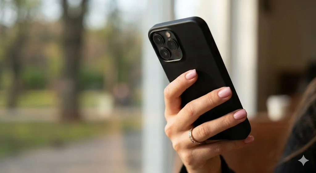 Close-up shot of a young woman's hand holding a modern black smartphone with a soft-focus background of an indoor setting near a window.