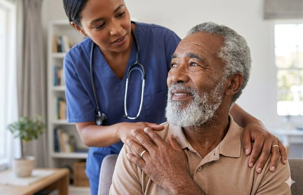 An African American nurse with a stethoscope is reassuring an older, silver-haired African American man by resting her hand on his shoulder in a warm domestic living room environment during a home-based geriatric consultation in Greensboro, NC.