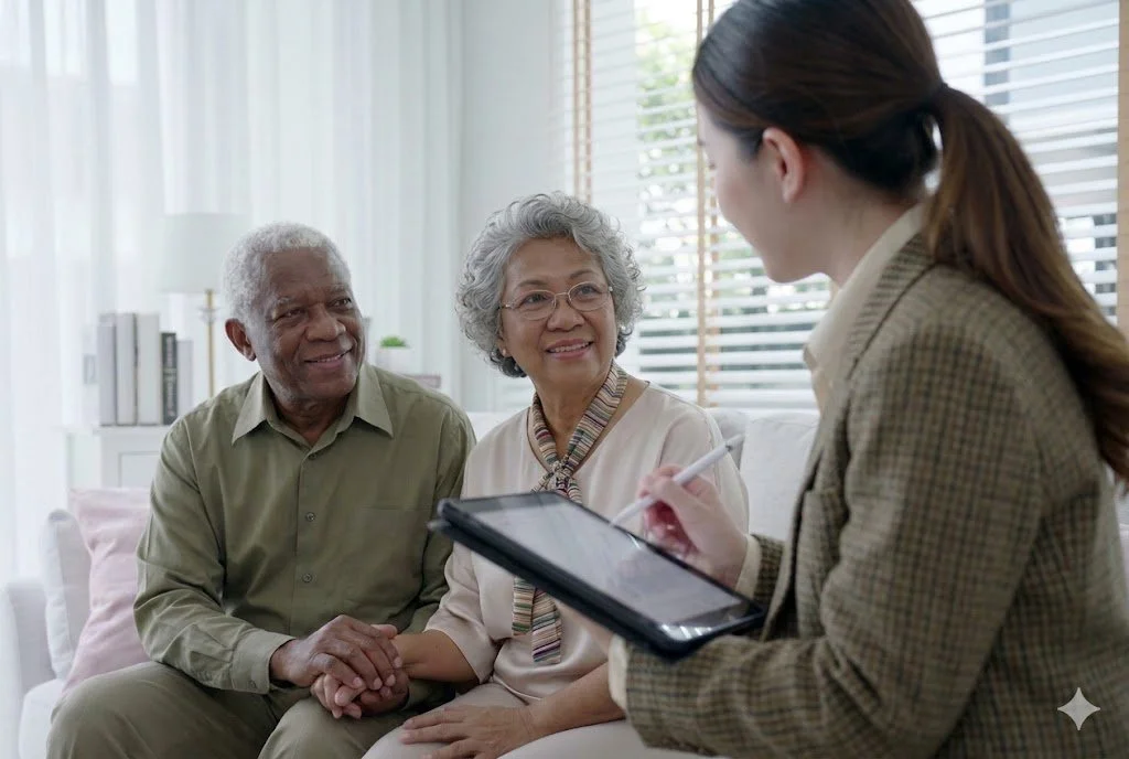 A senior Black man and Asian woman sitting on a couch, smiling and holding hands while a medical professional in a blazer takes notes on a digital tablet during a home visit.