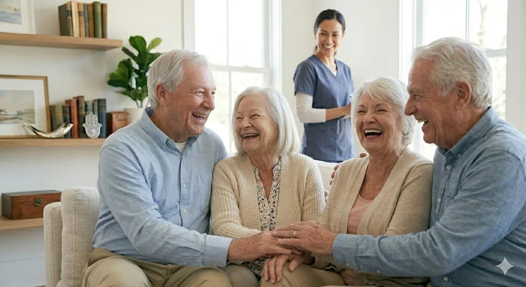 Two elderly couples sitting together on a living room sofa, sharing a hearty laugh with their hands joined, while a smiling female healthcare attendant stands supportively in the background.