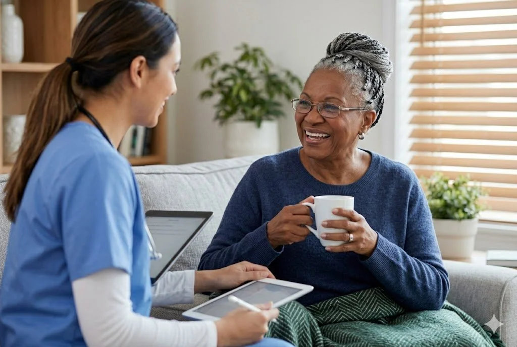 A smiling elderly African American woman with braided hair and glasses, holding a white mug and laughing during a home medical visit with a healthcare provider.