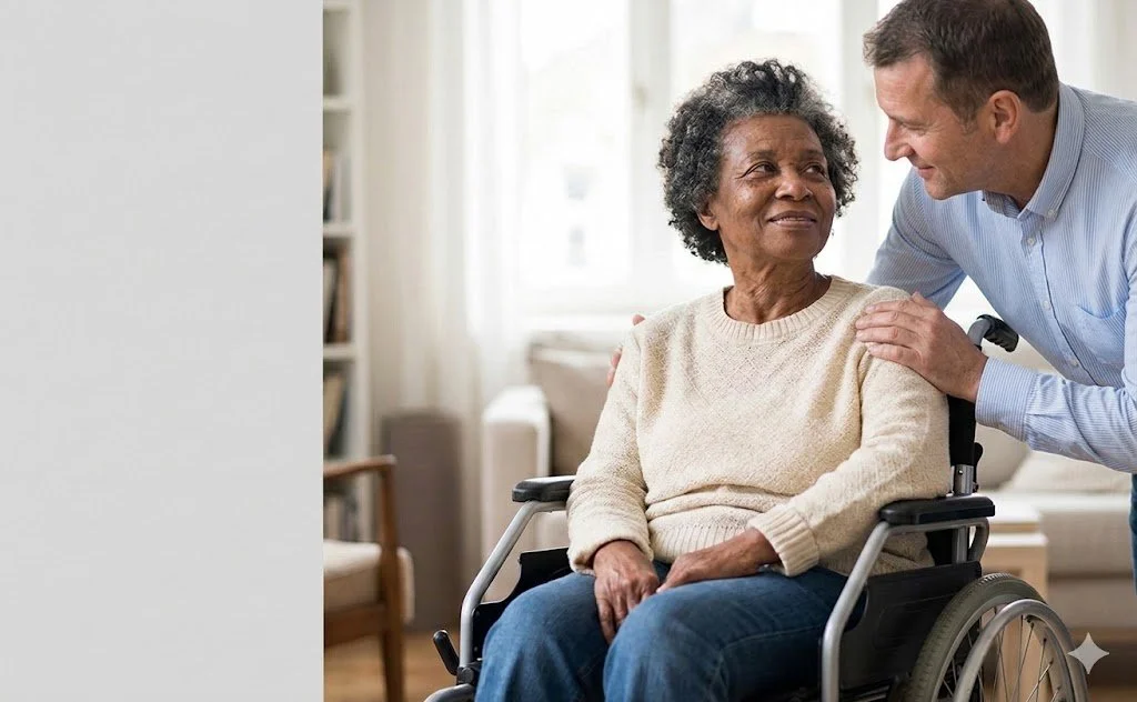 A heartwarming photo of an elderly woman in a wheelchair with a warm, serene smile, looking up at a compassionate female caregiver who has her hand on the senior's shoulder. Part of a website for Geriatrics Consulting Services by Dr. Haber.