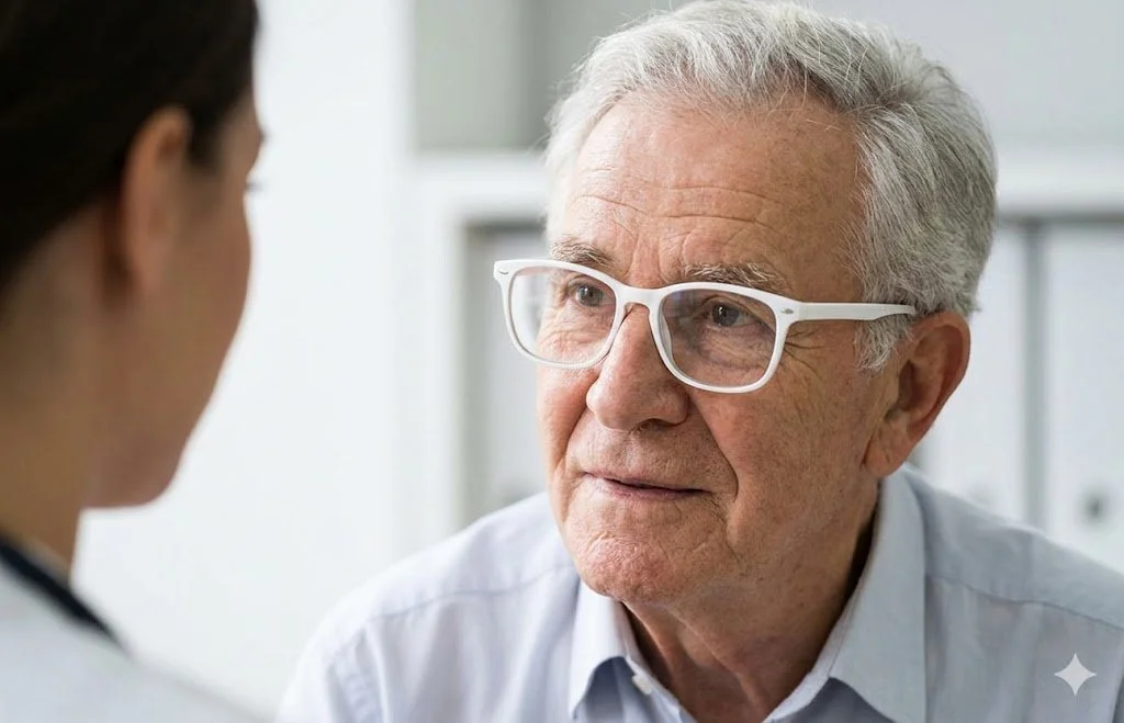A close-up profile portrait of an elderly Caucasian man with white hair and thick white-rimmed glasses listening intently and nodding with a focused expression during an appointment with his medical physician.