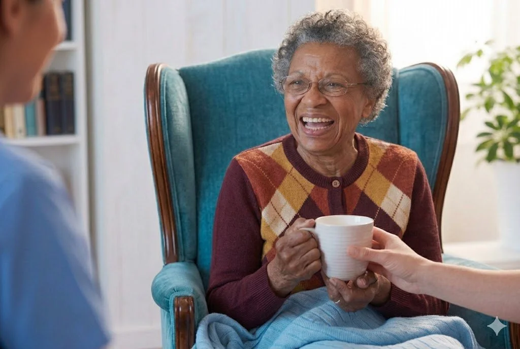 A joyful, elderly Black woman with short grey hair and glasses laughing while sitting comfortably in a teal wingback chair during a home visit, holding a white mug.