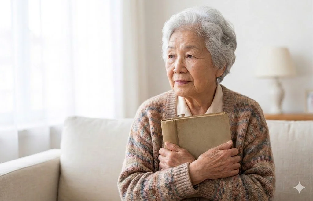 A thoughtful elderly Asian woman with gray hair sitting on a sofa, gently hugging a blank, vintage book to her chest while looking out a window.