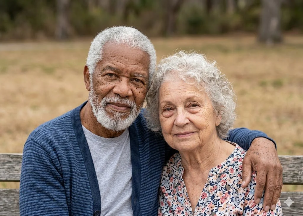 An elderly interracial couple sitting closely together on a wooden park bench outdoors.