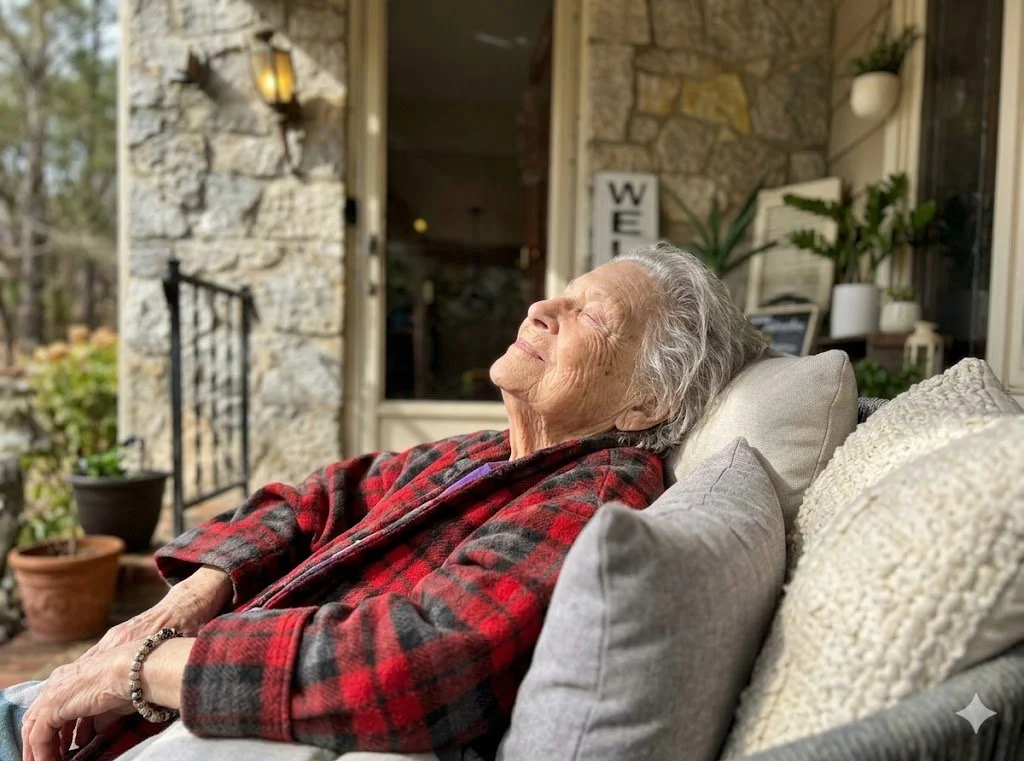 An elderly woman in a red plaid shirt relaxing comfortably outdoors, representing the convenience of in-home comprehensive geriatric assessments.