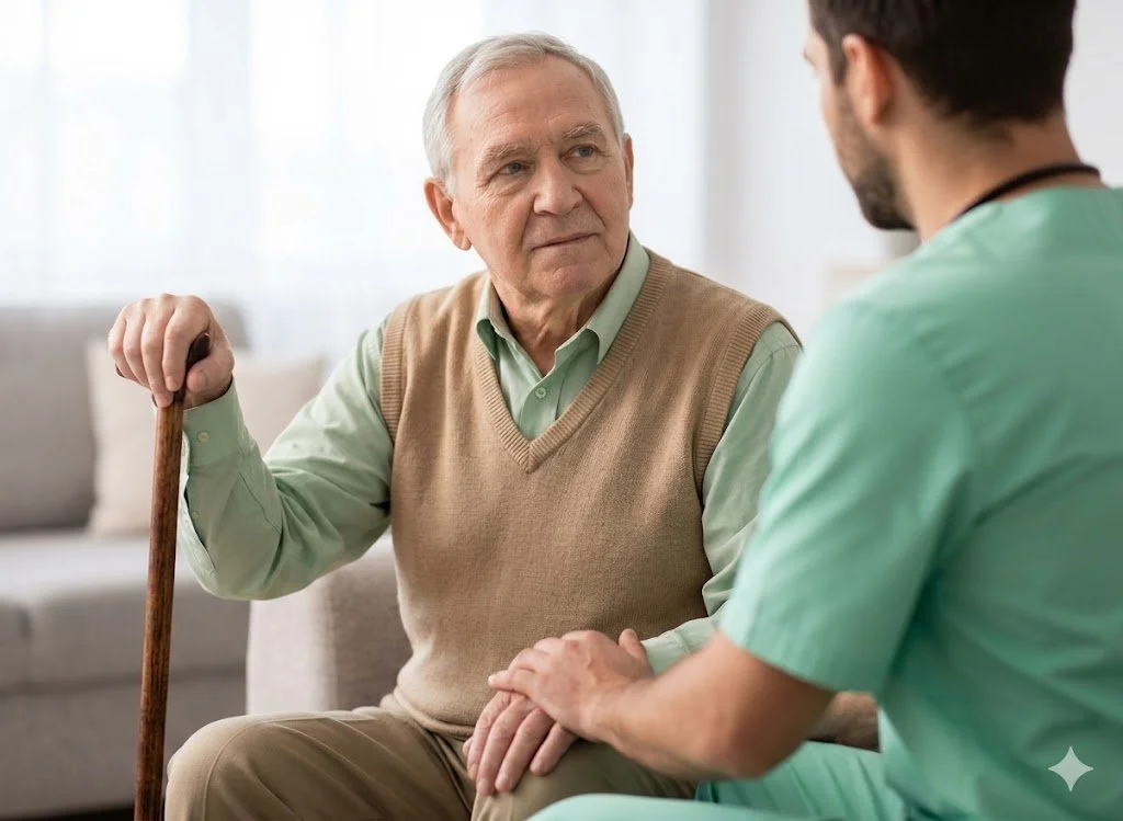 An elderly man wearing a tan sweater vest sits thoughtfully, holding a wooden cane while a male healthcare provider gently holds his hand in support.