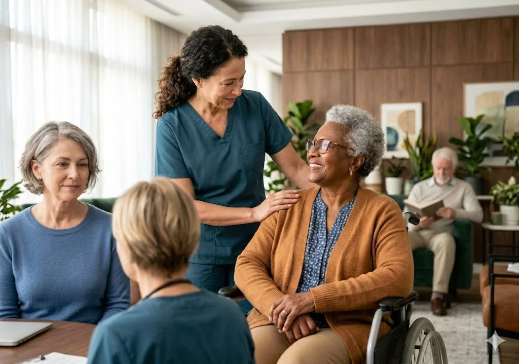 A female geriatric clinician in blue scrubs standing supportively behind a smiling senior woman in a wheelchair, surrounded by other active seniors in a bright, modern assisted living common area.