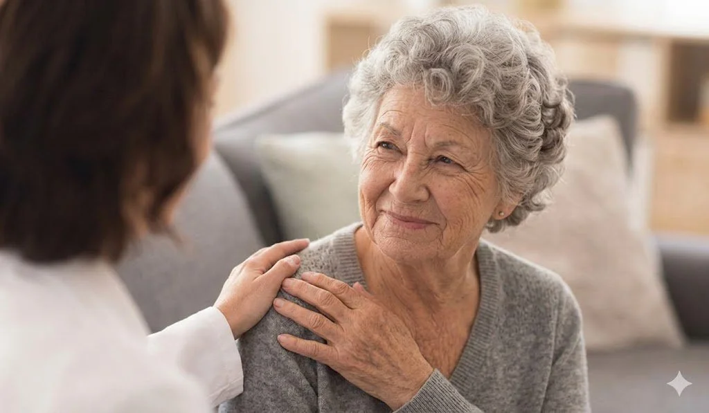 An elderly woman with curly gray hair sits on a gray living room sofa, looking up trustingly at a female physician in a white lab coat who has a reassuring hand on the patient's shoulder during a home care consultation.