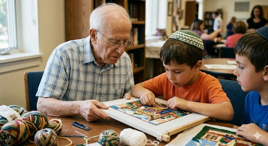 An elderly man with glasses looks on as two young boys wearing yarmulkes work intently on a colorful needlepoint project at a table.
