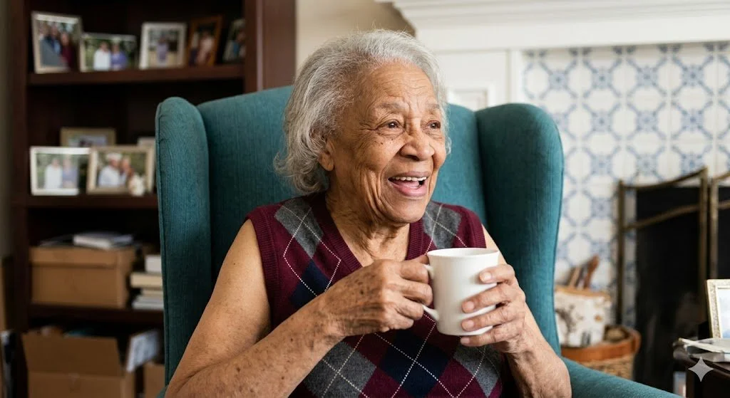 An elderly woman with short white hair and glasses smiles warmly while sitting in a teal armchair and holding a white coffee mug in a cozy home setting.