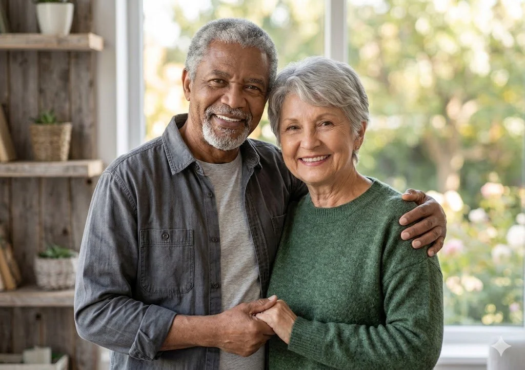 An older Black man with a graying beard and a gray button-down shirt smiles warmly next to his wife, a senior woman with short gray hair in a green sweater, as they pose together looking optimistically toward the camera.