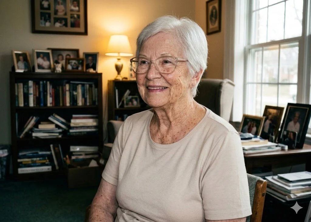 A senior woman with short white hair and glasses smiling gently while looking off-camera in a cozy room with a bookshelf.