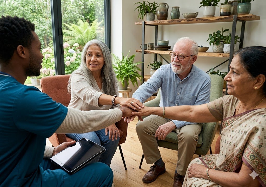 A diverse healthcare team and seniors joined in a circle of support for dementia care.