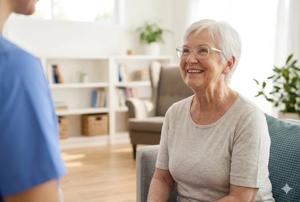 A smiling elderly woman with short white hair and glasses sitting in a brightly lit living room, looking up at a cheerful female healthcare provider wearing blue scrubs during a home visit.