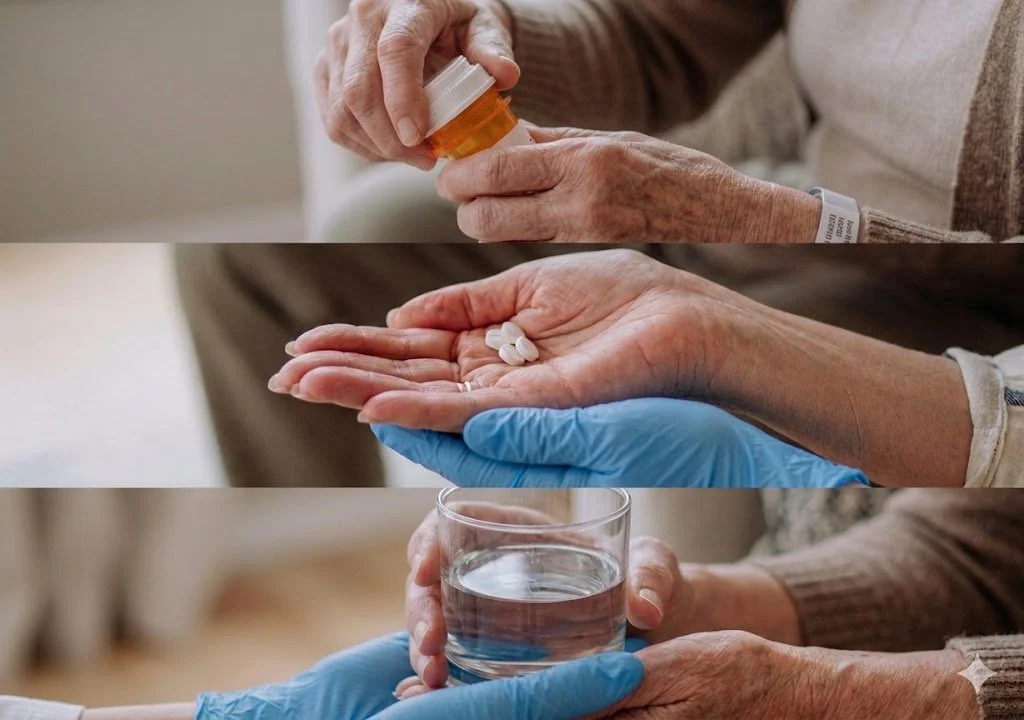A three-panel sequence showing a senior and a caregiver safely managing prescription pills and water, representing medical care management in Greensboro, NC.
