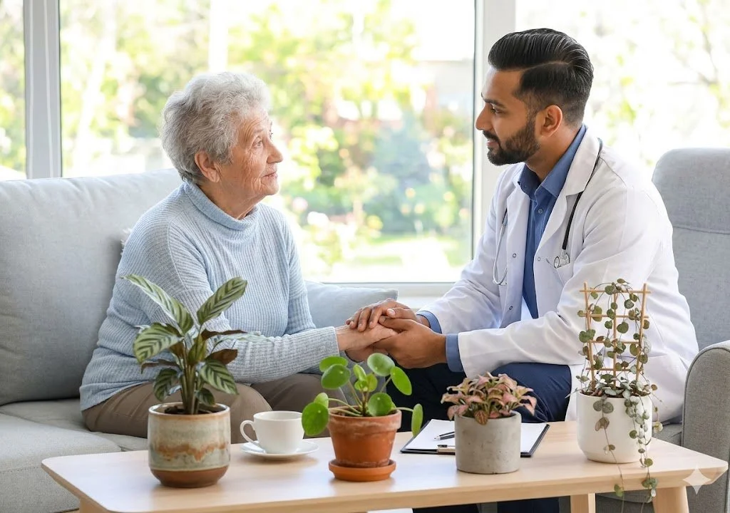 A male geriatric doctor in a white coat providing a medical-legal consultation to an elderly female patient in a modern office setting with indoor plants.