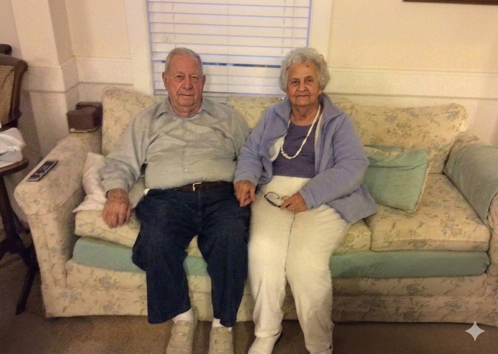 A smiling elderly couple sitting together on a couch, representing healthy aging and family caregiver support in geriatric medicine.