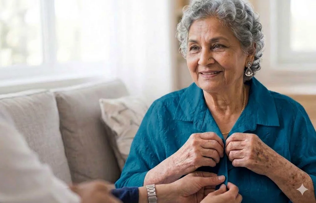 An elderly Indian woman with wavy gray hair smiles serenely while a caregiver's hands gently assist her in buttoning her teal blouse.