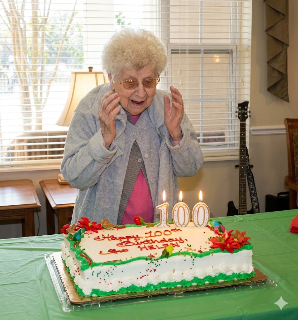 A joyful elderly woman smiling brightly at her 100th birthday cake, representing the goal of longevity and quality of life in comprehensive geriatric assessments.