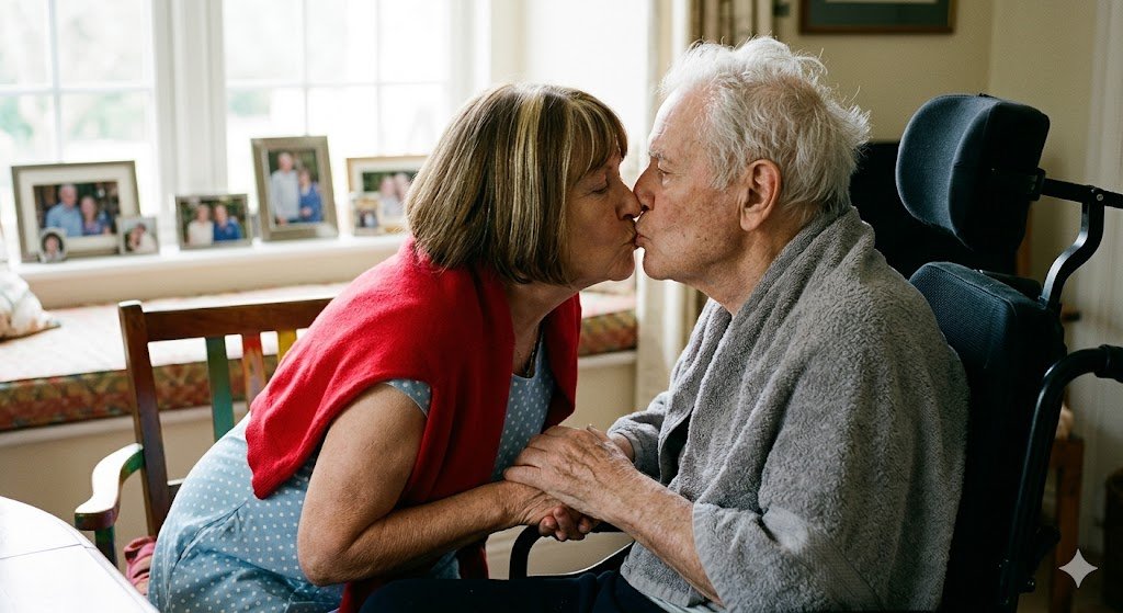 An elderly couple sharing a tender moment in a home setting during a transition from curative to palliative medical care.