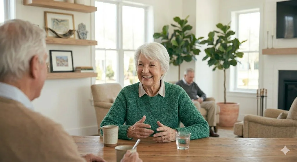 A wide lifestyle photograph of a cheerful elderly woman with short white hair wearing a green sweater, seated at a wooden table and speaking warmly with another senior in a bright, spacious community living area.