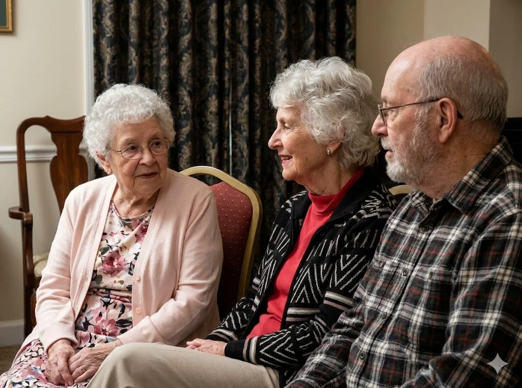 An elderly woman in a pink sweater smiling during an Alzheimer's and dementia care consultation with a supportive couple.